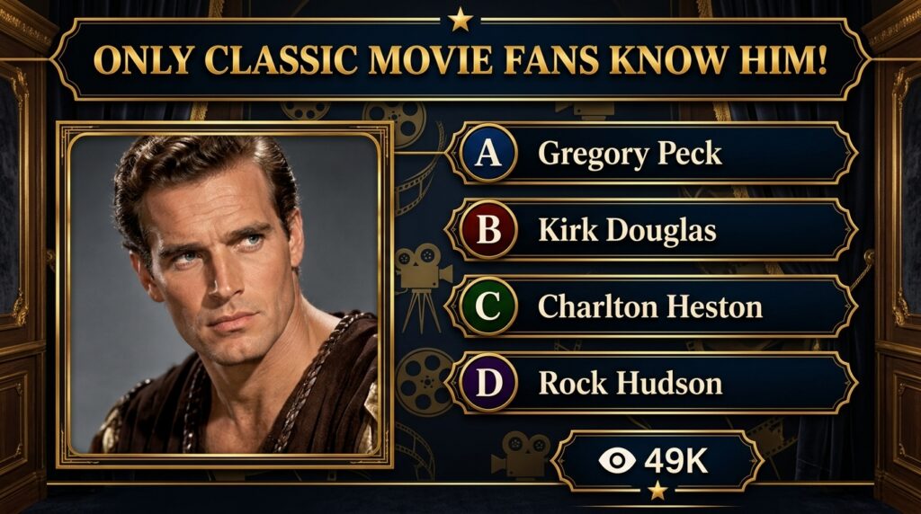 A headshot of Charlton Heston framed by a golden border with quiz text overlay