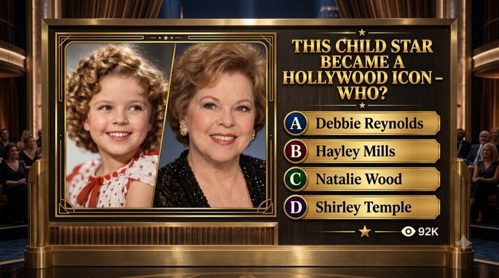 A split image quiz showing a young curly-haired Shirley Temple on the left and an older smiling Shirley Temple Black on 