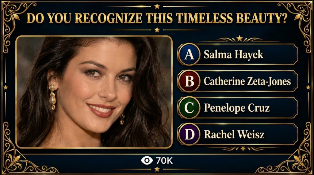 A quiz-style graphic featuring a close-up portrait of a smiling woman with dark wavy hair and pearl earrings framed with
