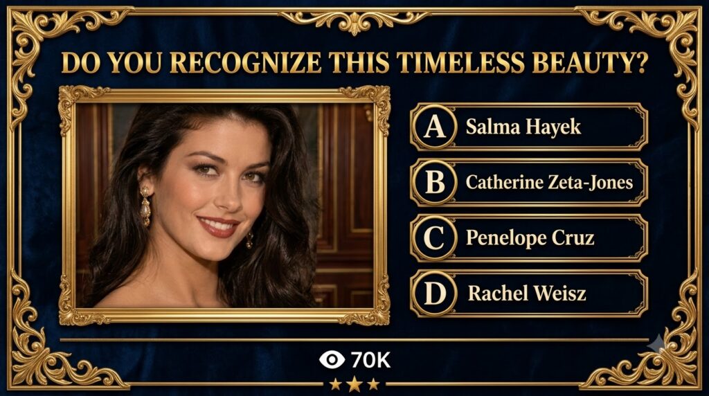 A quiz graphic with a close-up portrait of a smiling young Richard Gere from the 1980s framed by ornate golden borders a
