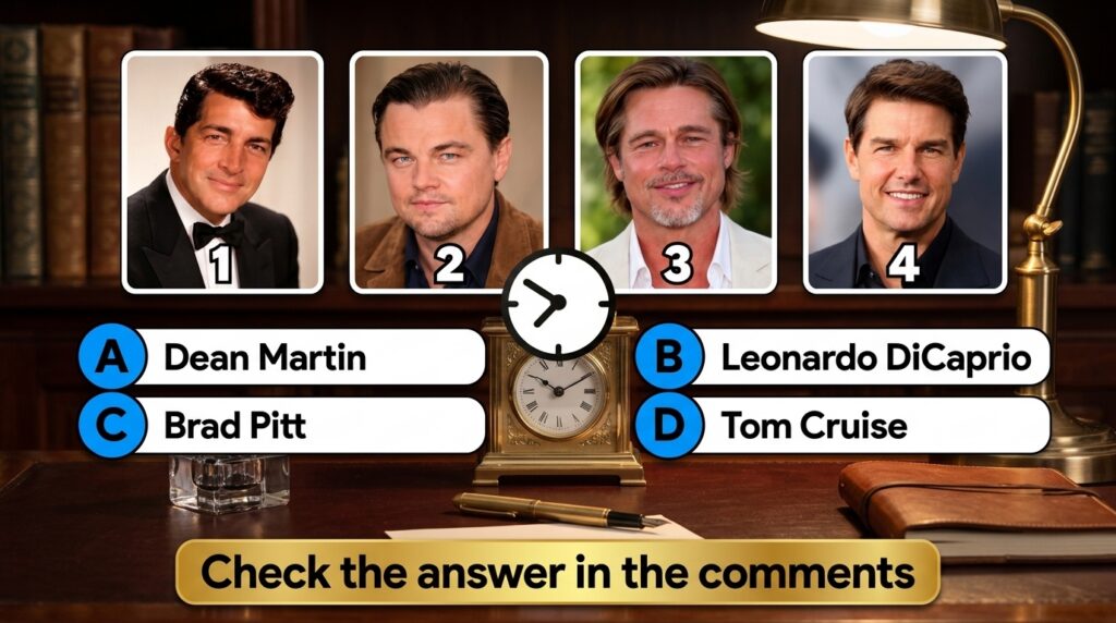 A multiple-choice quiz image featuring a 2x2 grid of headshots of four famous male actors Dean Martin top left Leonardo