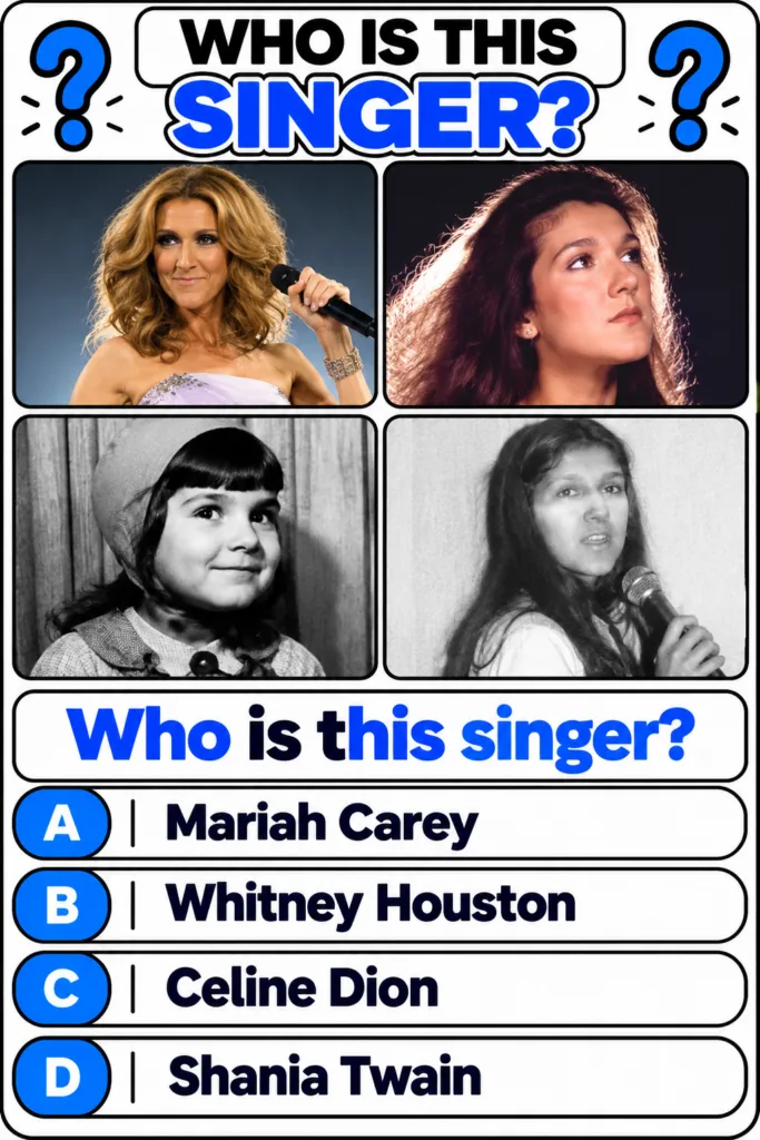 A multi-panel quiz featuring Celine Dion at different ages and stages of her career with four multiple-choice options di