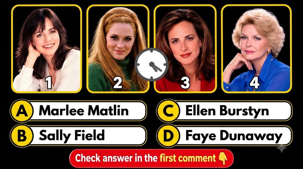 A multiple-choice quiz featuring four headshots of an actress at different stages of her career arranged in a 2x2 grid w
