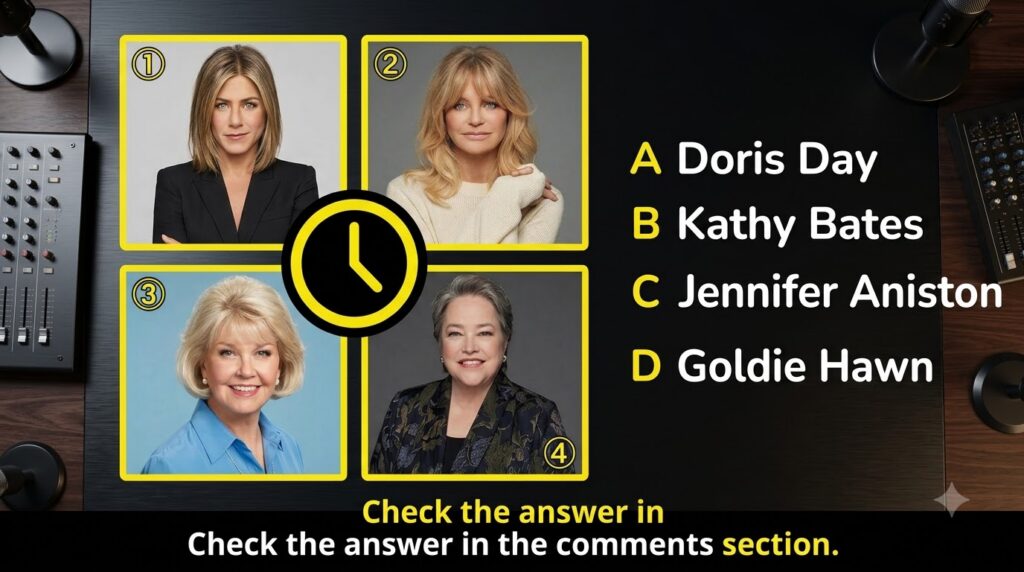 A celebrity identification quiz image showing four headshots of actresses in a 2x2 grid with a yellow clock icon and mul