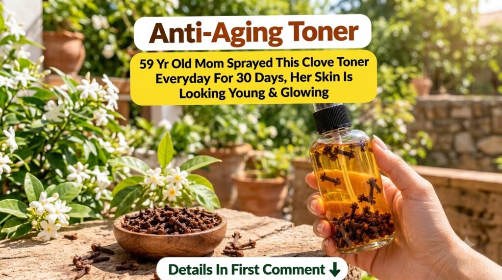 A hand holding a clear spray bottle filled with golden clove toner and whole cloves against a bright green garden backgr