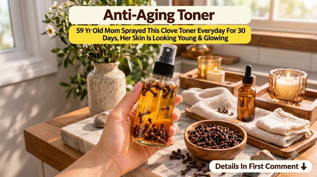 A hand holding a clear spray bottle filled with golden clove toner with fresh cloves in a bowl and green foliage in the 