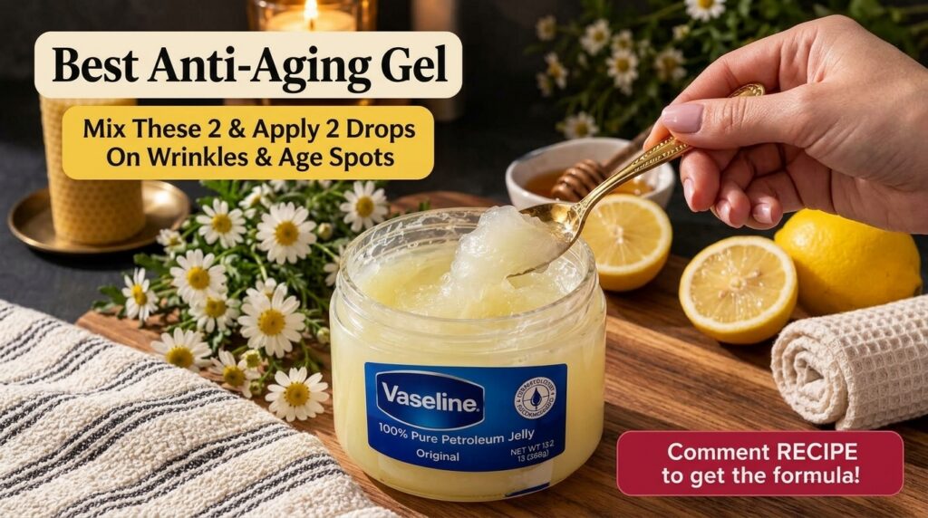 A jar of Vaseline with a golden spoon scooping out a portion surrounded by fresh daisies a sliced lemon and a bowl of ho