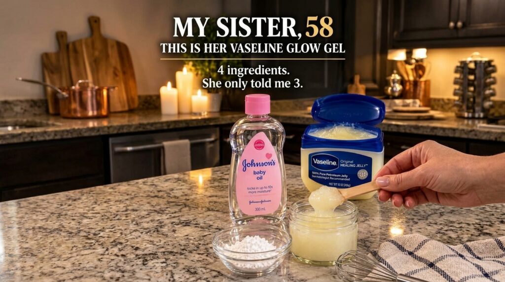 A flat lay of ingredients for a homemade glow gel an open jar of Vaseline a bottle of Johnson s baby oil a small bowl of