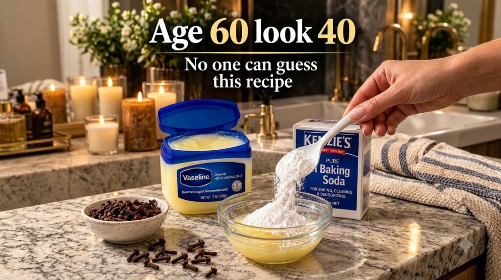 A hand pouring baking soda from a spoon into a bowl with Vaseline and cloves on a marble countertop with candles and a p
