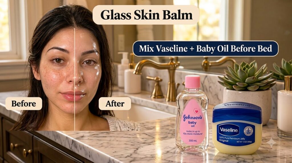A vertical split Before After comparison of a woman s face showing the effect of a Glass Skin Balm on the top Below a bo