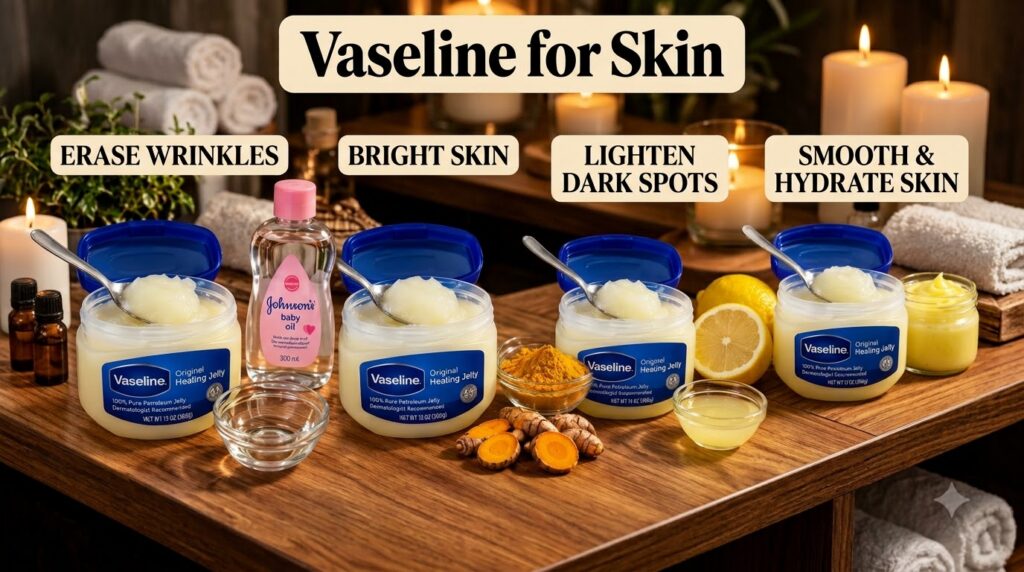 A four-panel grid showing various Vaseline hacks Each panel features a jar of Vaseline with a spoon accompanied by natur