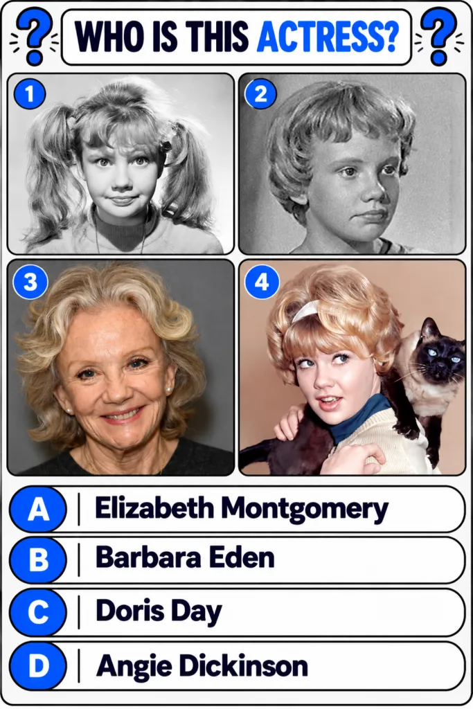 A multiple-choice quiz image asking WHO IS THIS ACTRESS with four photos of Doris Day at different ages and four name op