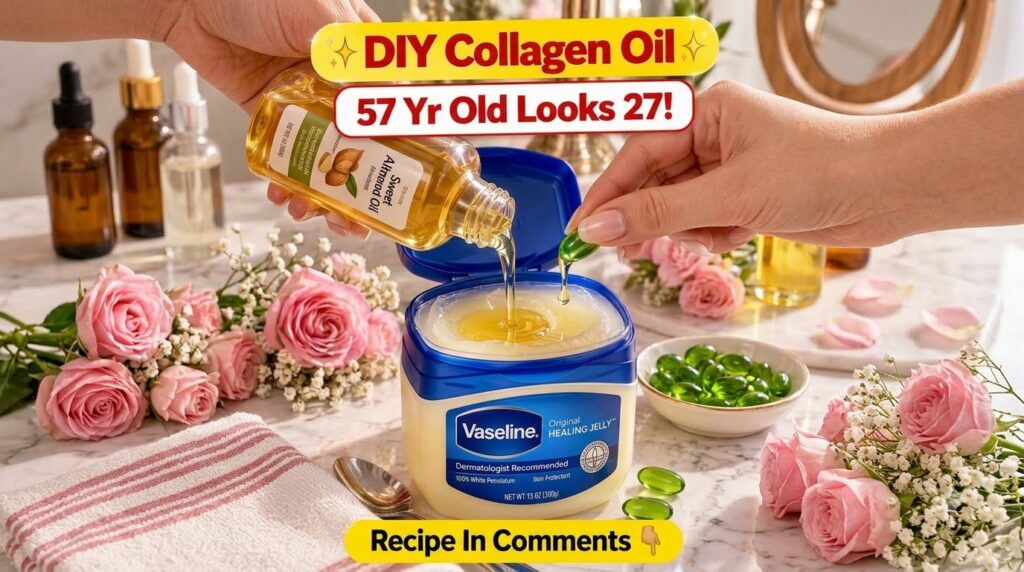 Hands pouring sweet almond oil and dripping liquid from a green capsule into a tub of Vaseline set against a blurred bac