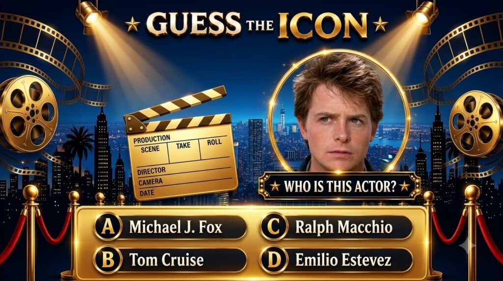 A quiz poster titled GUESS THE ICON featuring a circular gold-framed portrait of a young recognizable actor against a da