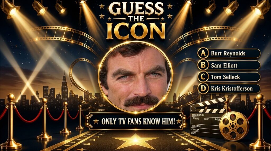 A prominent close-up portrait of actor Tom Selleck featuring his iconic mustache set within a golden circular frame The