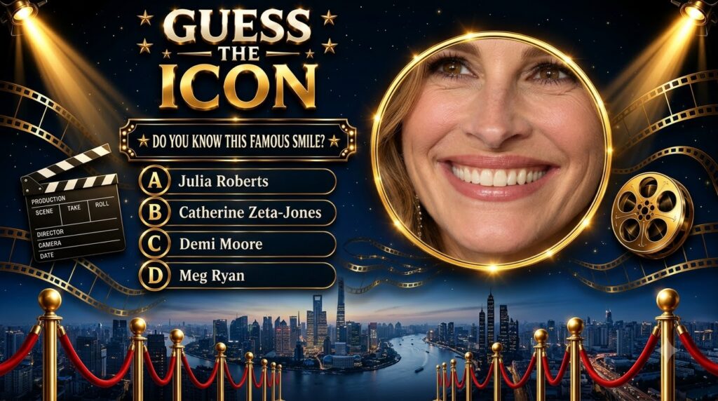 A movie-themed quiz interface featuring a close-up of Julia Roberts smiling face within a golden circular frame surround