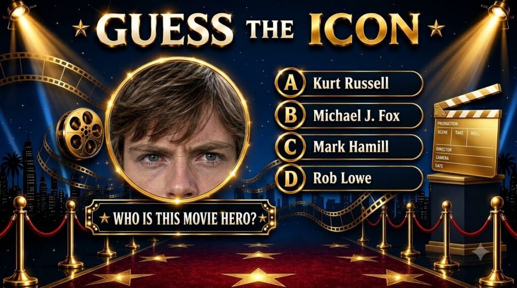 A vertical quiz poster featuring a circular portrait of a man with a determined expression against a cinematic backgroun