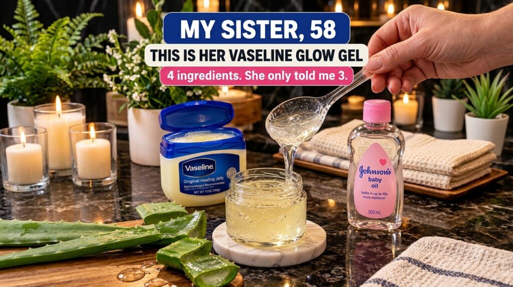 A close-up top-down view of ingredients for a homemade glow gel A hand is pouring clear viscous gel from a spoon into a