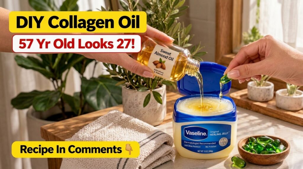 Hands preparing a DIY beauty mixture pouring sweet almond oil into Vaseline with a Vitamin E capsule dripping liquid int