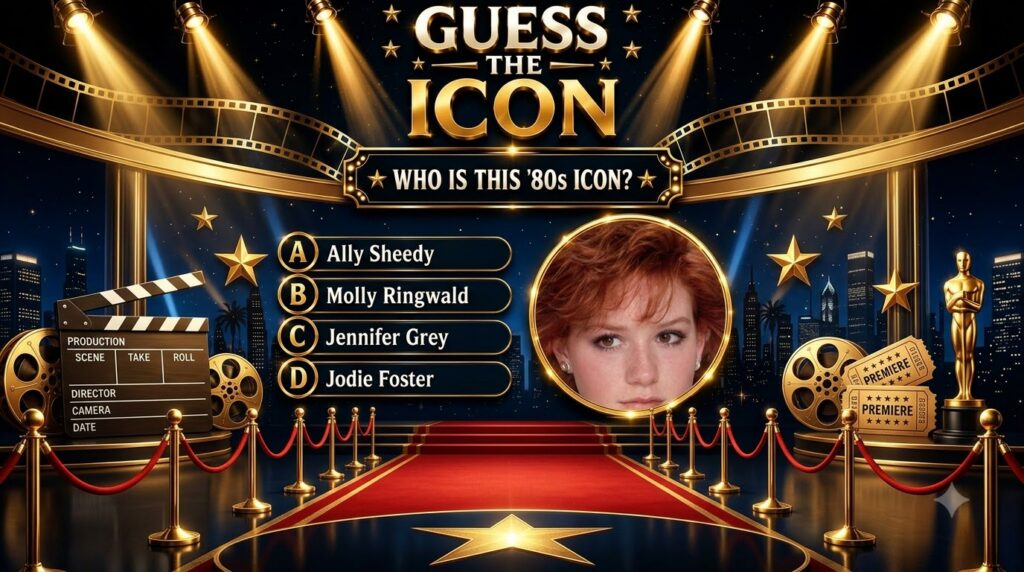 A vertical quiz graphic featuring a headshot of Molly Ringwald in an oval golden frame against a dark starry backdrop wi
