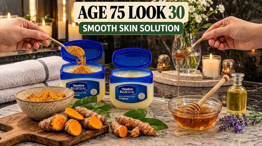 Hands preparing a DIY beauty mask with Vaseline turmeric powder and honey on a bathroom counter Open Vaseline jars are p