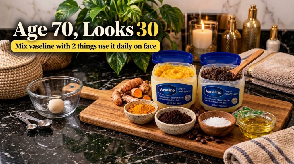Two open tubs of Vaseline customized with turmeric and a coffee-based scrub surrounded by fresh turmeric roots turmeric 