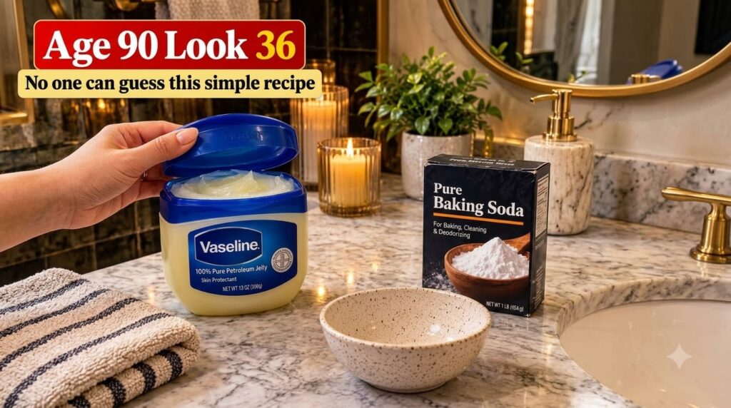 A close-up of a hand holding an open tub of Vaseline petroleum jelly next to a box of baking soda on a tranquil bathroom
