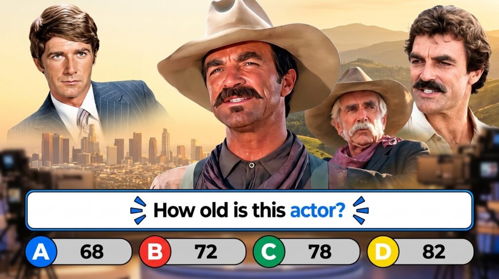 A multi-panel quiz showing headshots of four male actors including a younger man in a suit two cowboys with mustaches an