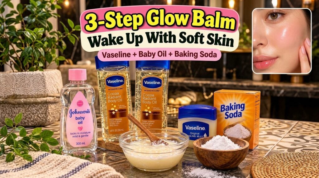 Ingredients for a DIY glow balm laid out Vaseline baking soda baby oil and a glass bowl with a wooden spoon containing t