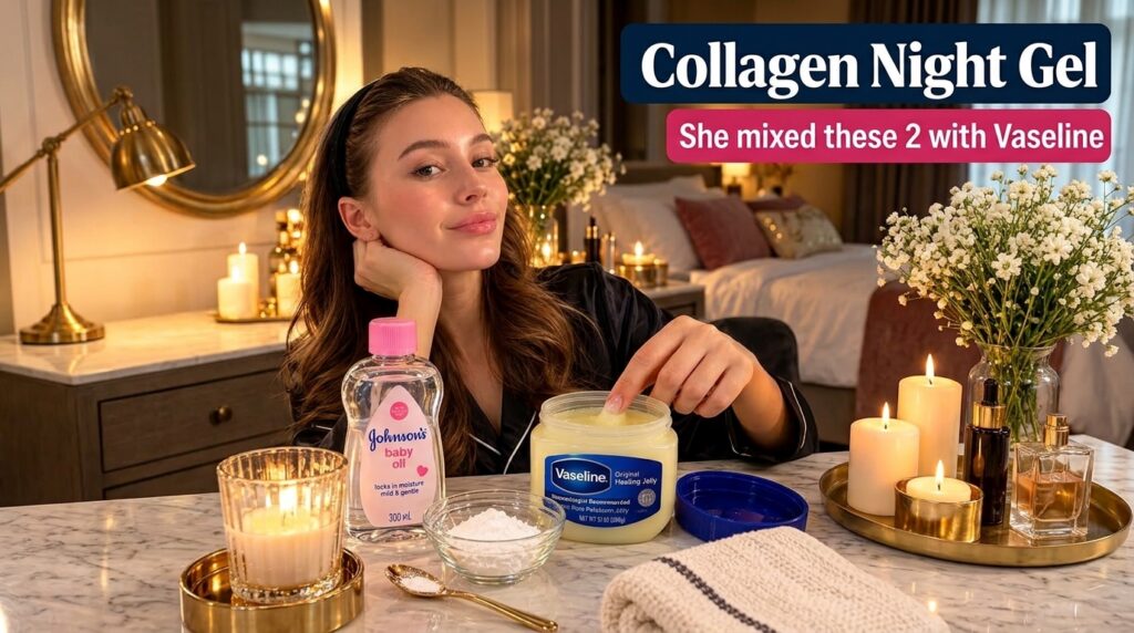 A young woman in a cozy softly lit bedroom smiling warmly as she prepares ingredients for a DIY face mask On a marble su