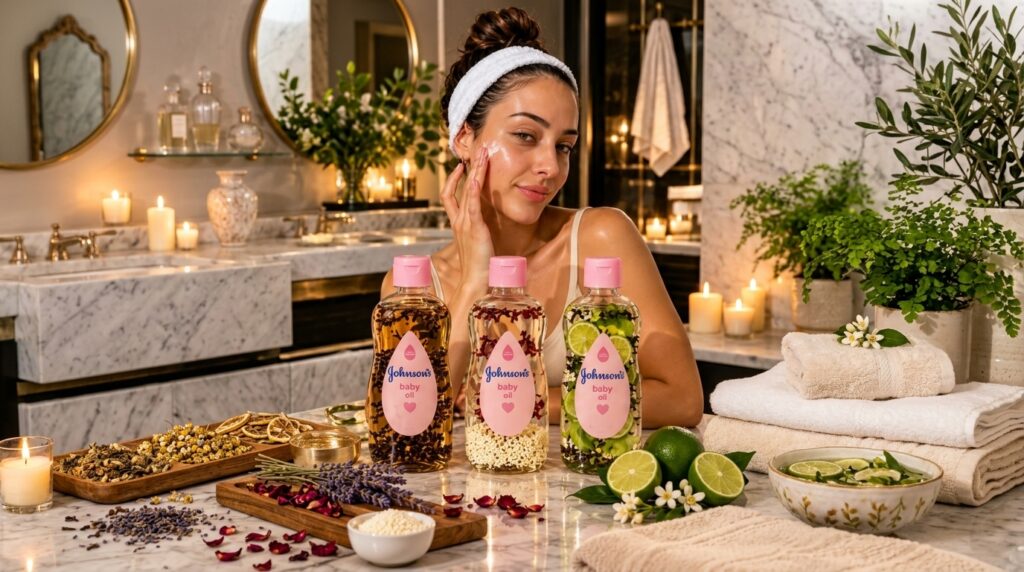 A woman gently applying a homemade rice water toner to her face with a cotton pad smiling softly Natural elements like r