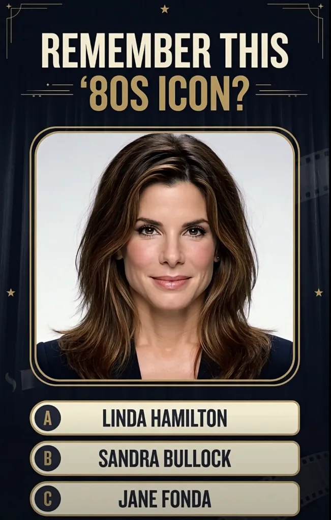 The original quiz image featuring Sandra Bullock with the question REMEMBER THIS 80S ICON and options A Linda Hamilton B