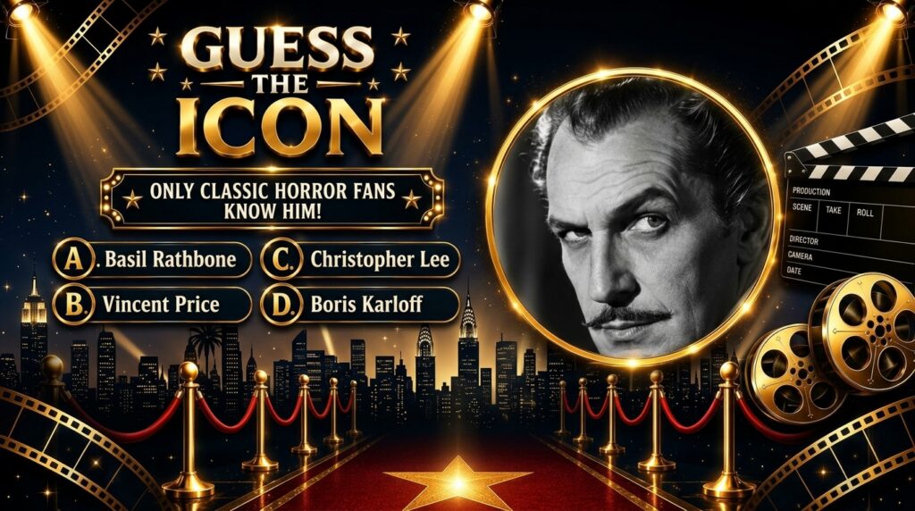 A black and white portrait of Vincent Price framed in gold against a dark cinematic background with film reels and spotl
