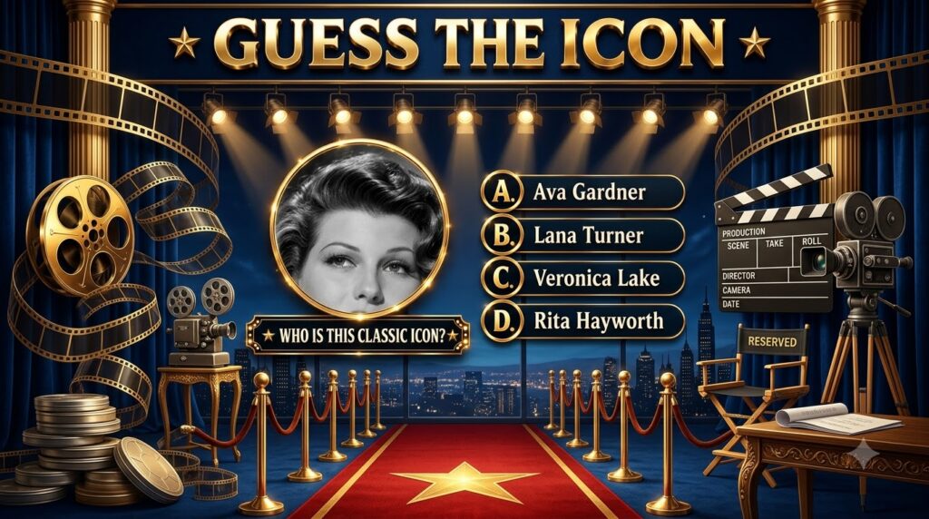 A Guess The Icon quiz poster featuring a black-and-white portrait of classic Hollywood actress Rita Hayworth framed in g