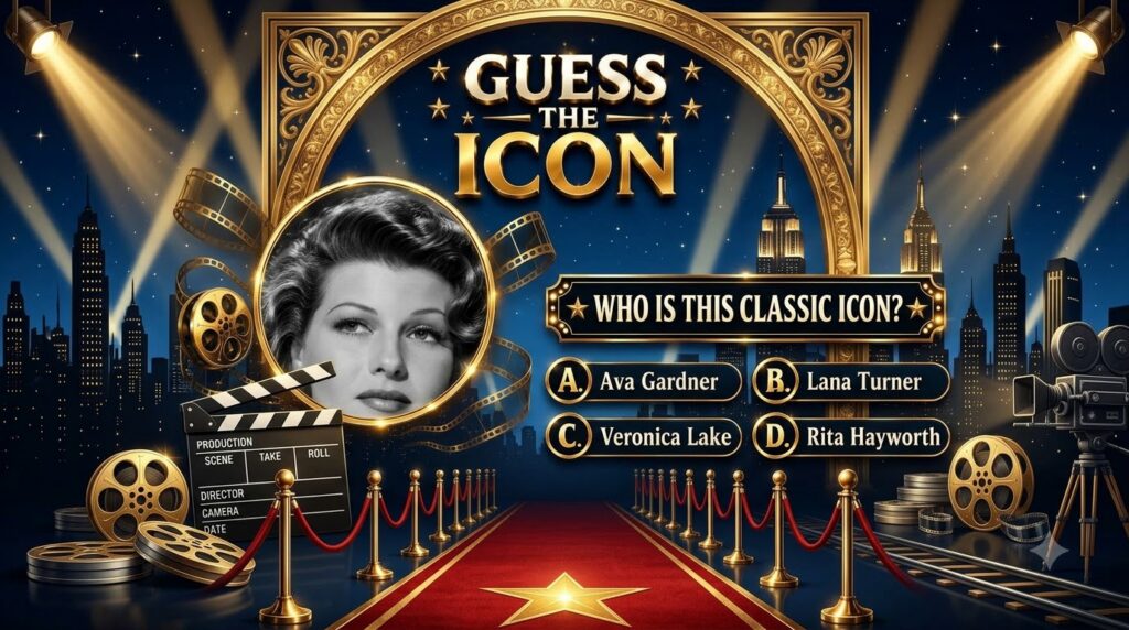 A black and white portrait of Rita Hayworth in a gold circular frame part of a Guess the Icon quiz with a glamorous dark