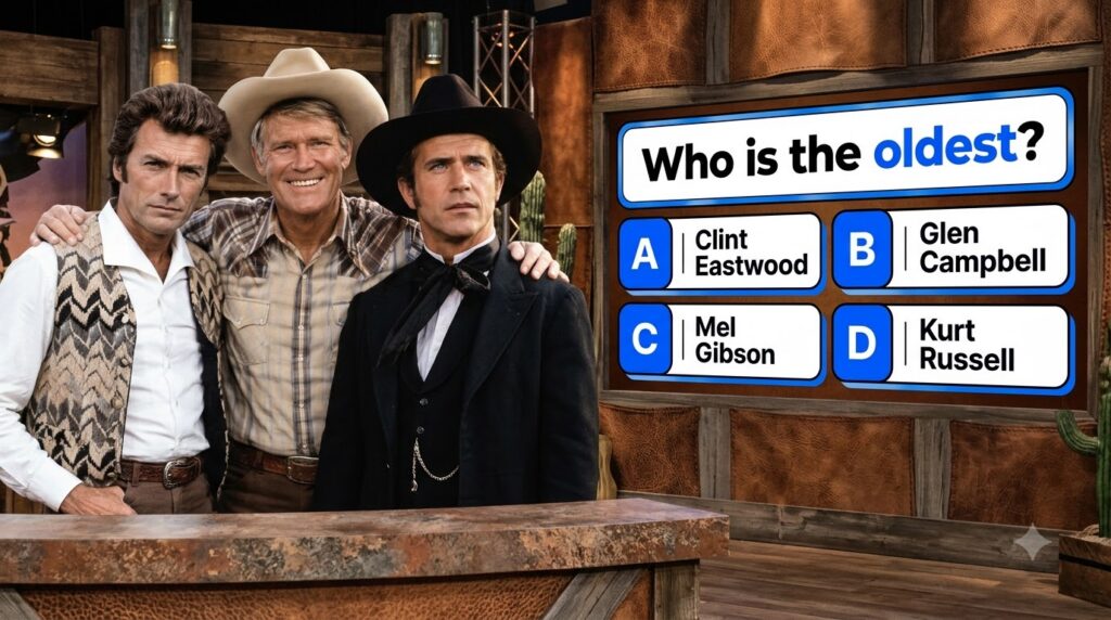 Clint Eastwood Glen Campbell and Mel Gibson standing together with a quiz overlay asking Who is the oldest