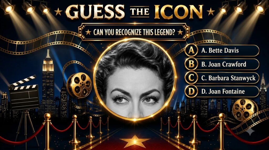 A movie-themed quiz interface with a black and white close-up of a woman s eyes framed in gold surrounded by cinematic e