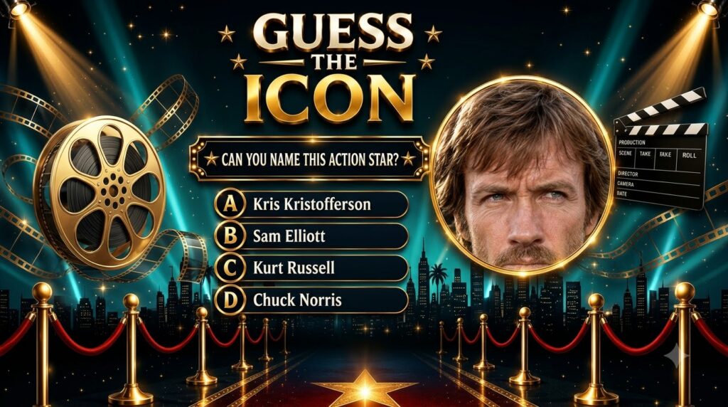A movie-themed quiz poster featuring a close-up of Chuck Norris s face within a golden circular frame set against a cine