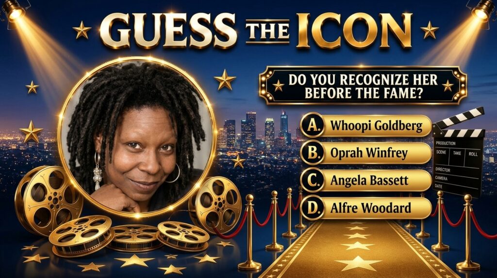 A vertical movie-themed quiz graphic featuring a central circular portrait of a younger Whoopi Goldberg with dreadlocks