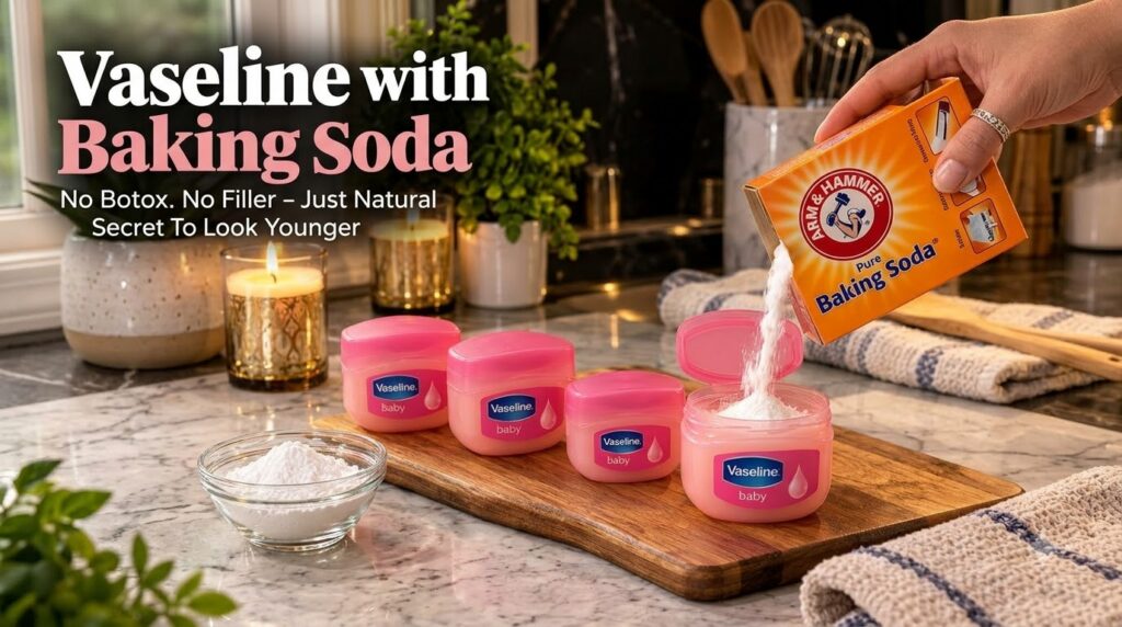 A hand pouring baking soda from a box into an open pink jar of Vaseline baby petroleum jelly on a countertop with a smal