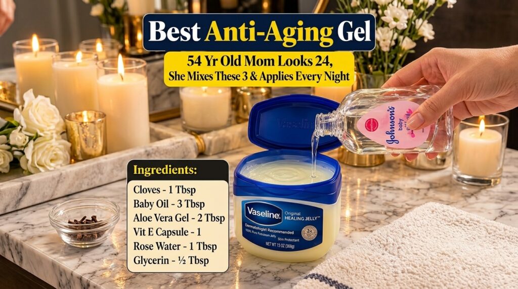 A close-up of a hand pouring baby oil into a small tub of Vaseline on a marble countertop with warm blurred lights and a