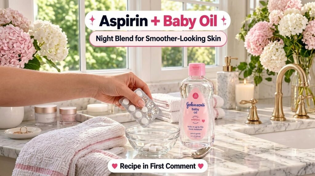 A hand dispensing aspirin tablets into a glass bowl next to a bottle of baby oil on a marble countertop with a candle an