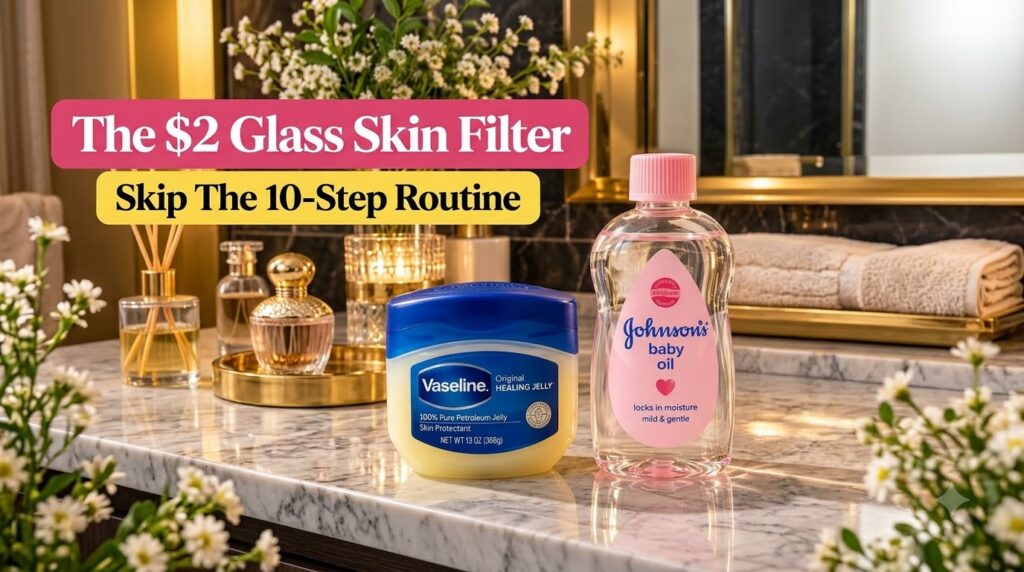 Two budget-friendly skincare products Vaseline Petroleum Jelly and Johnson s Baby Oil on a luxurious marble bathroom cou