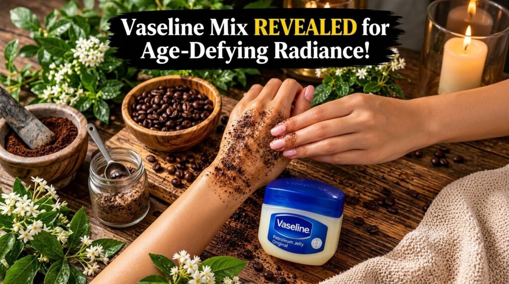 Close-up shot of hands demonstrating a homemade coffee and Vaseline scrub on a rustic wooden surface with a tub of Vasel