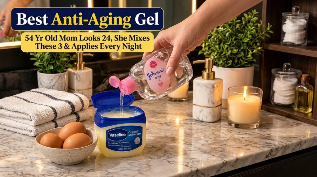 A hand pouring baby oil into a container of Vaseline with two eggs in a bowl nearby on a marble counter Warm ambient lig