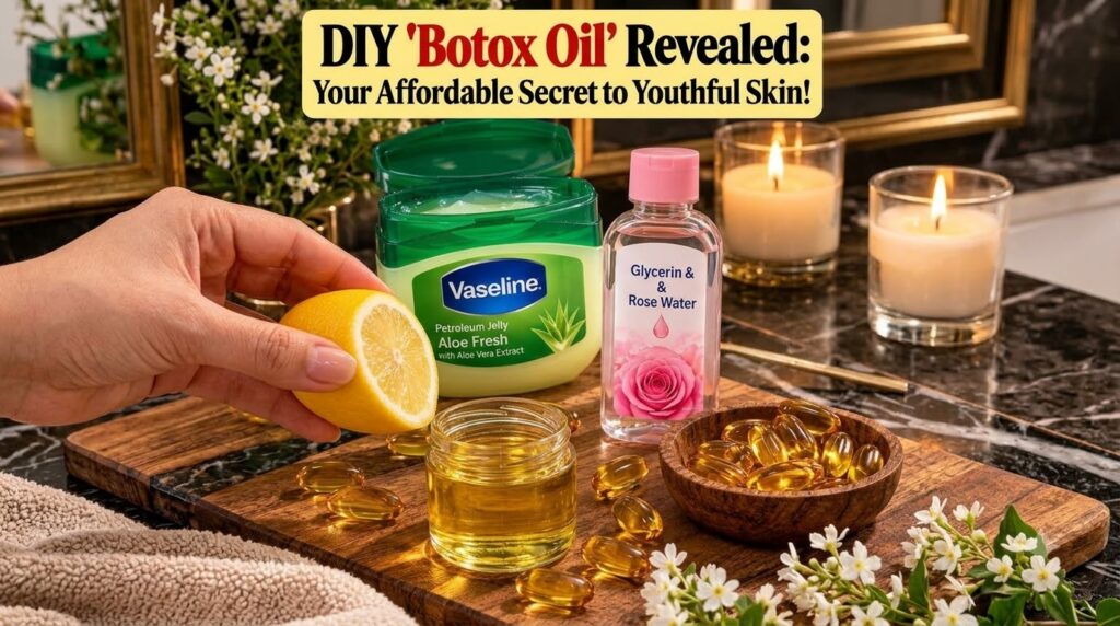A hand squeezing a lemon half with juice dripping into a small glass jar of oil surrounded by ingredients like Vaseline 