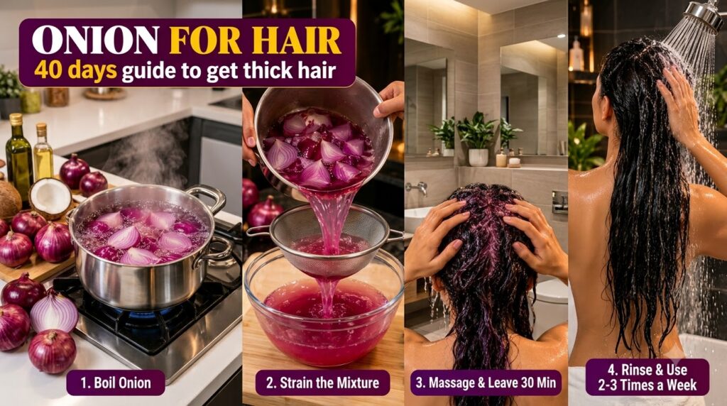 A four-panel infographic showing the step-by-step process of making and applying red onion hair rinse for thicker hair P