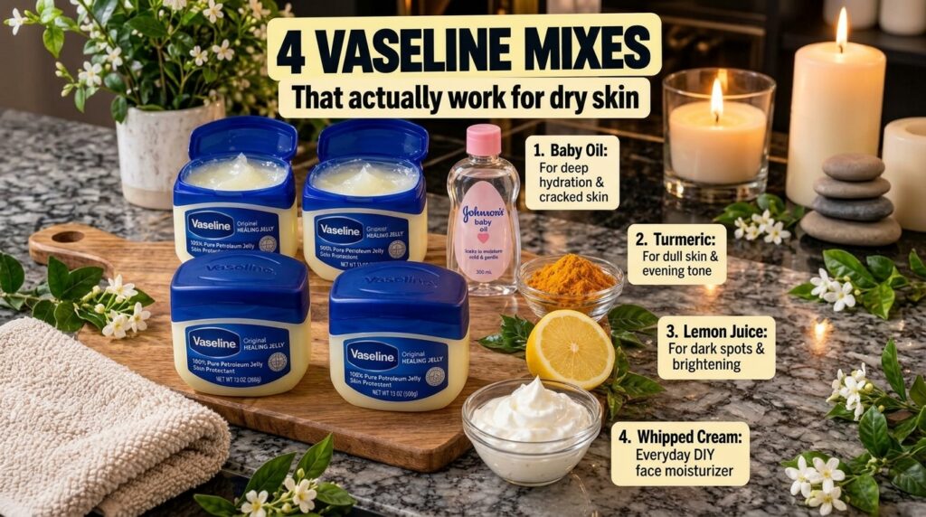 A beautiful flat lay of open Vaseline tubs surrounded by ingredients like baby oil turmeric powder sliced lemon and whip