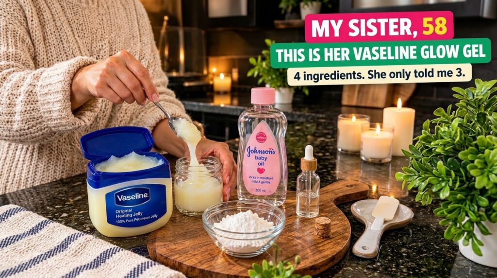 Hands spooning a creamy substance from a large Vaseline tub into a smaller glass jar with a bottle of baby oil and a bow