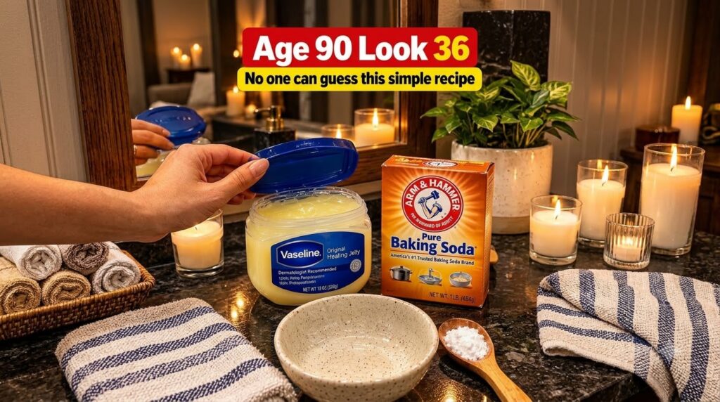 A DIY beauty setup with Vaseline baking soda and mixing tools on a dark countertop with blurred warm lights in the backg